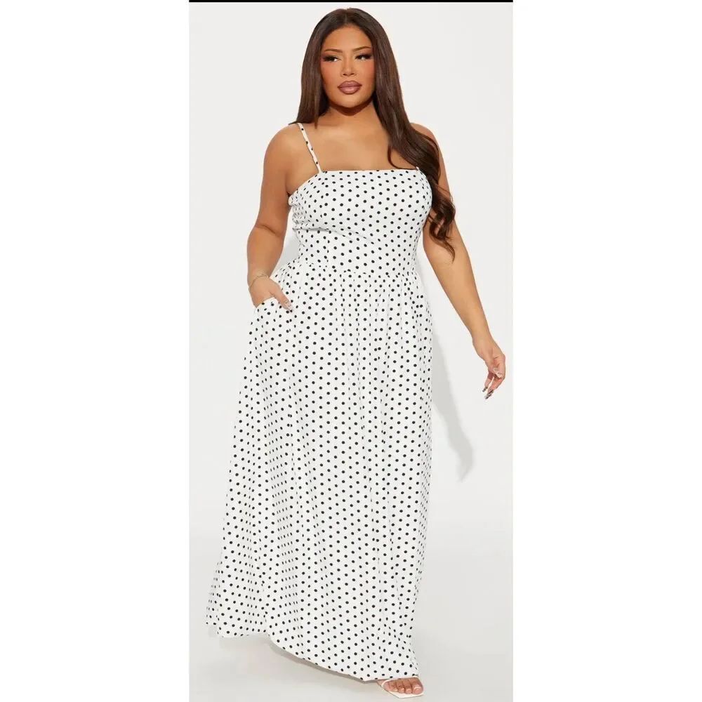 Fashion Nova Masella Polka Dot Maxi Dress, White and Black, Straps,NWOT, 1XL